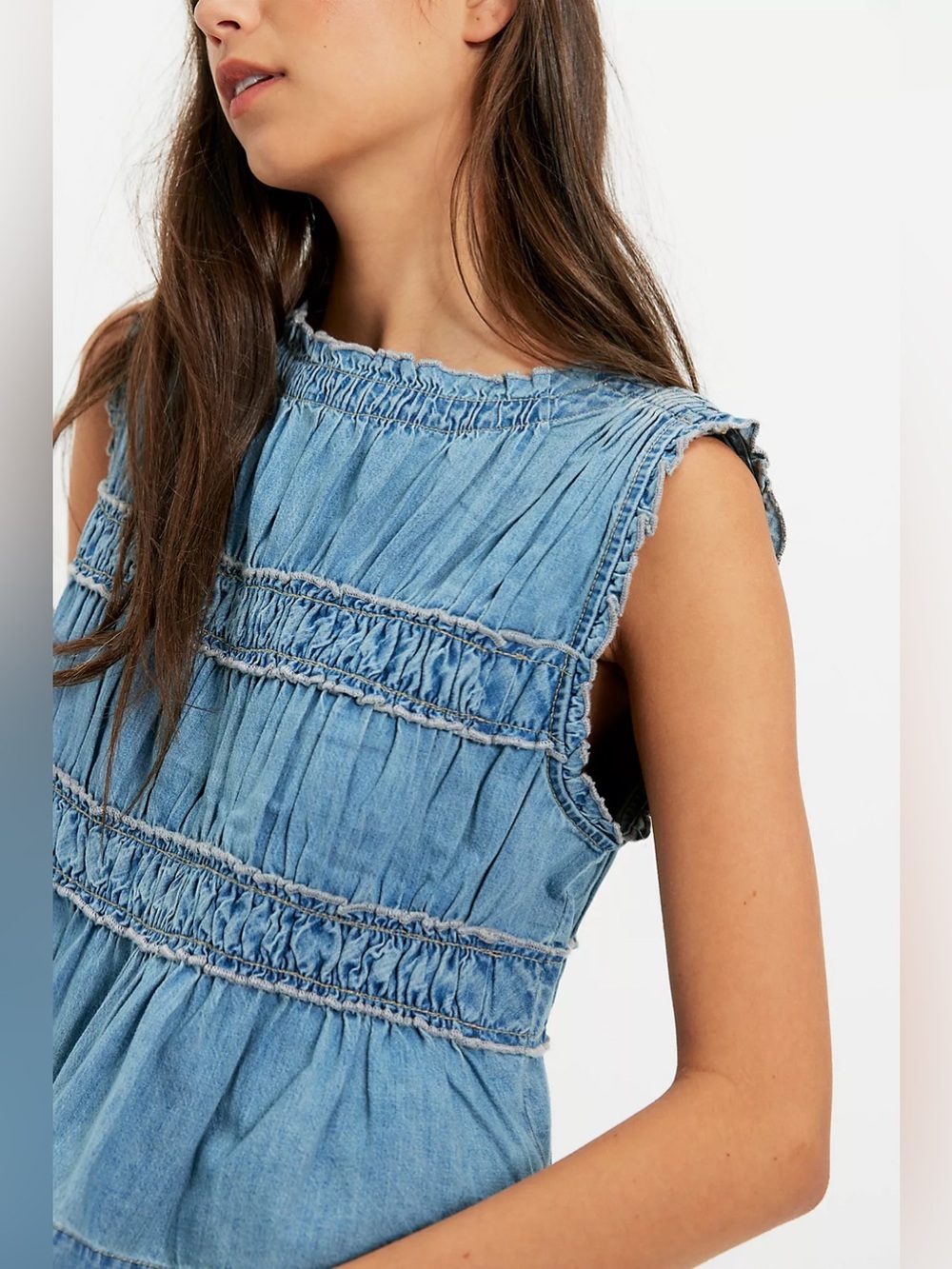 NWT Free People Mia Shirred Denim Top - Picture 3 of 3
